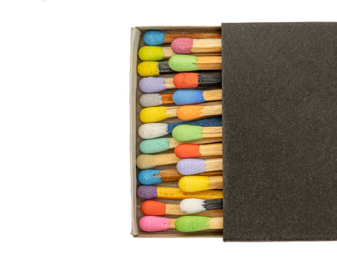 box with many colored matches, on a white screen background