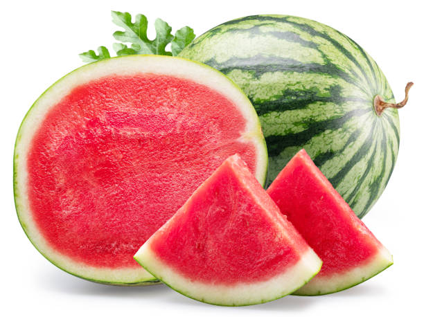 Seedless watermelon and water melon slices isolated on white background. File contains clipping path.