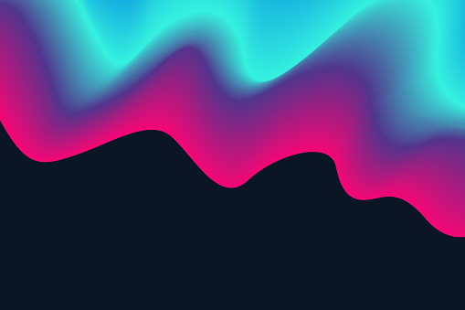 Bright azure and magenta waves in a holographic gradient ripple against a stark black background, perfect for a futuristic abstract theme.