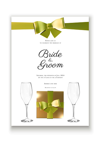 3D realistic golden gift box and bow wedding invitation vector