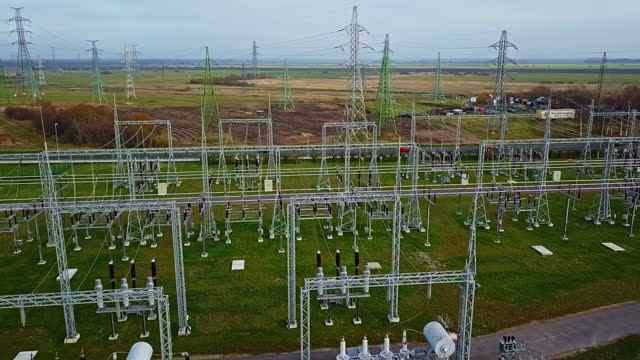 Aerial view around a electricity grid at electric power station, cloudy day
