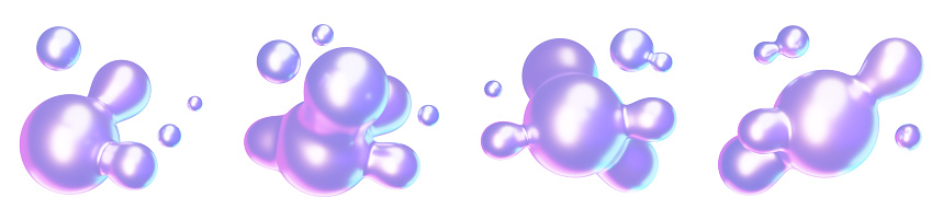 Abstract 3d metaball liquid shape with holographic effect. Render illustration set of fluid round blob bubble with metallic surface and purple and pink iridescent color. Molecular geometric figure.