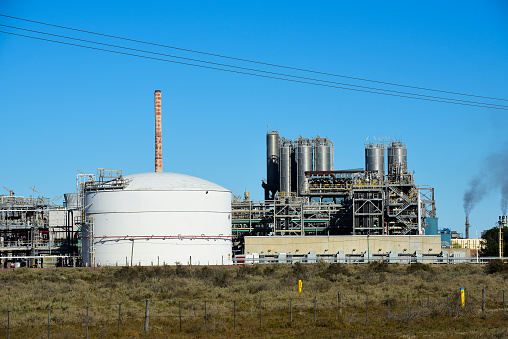 Industrial facilities of the Argentine petrochemical industry, Patagonia, Argentina.