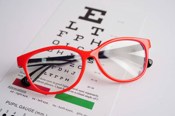 istock Glasses on eye exam chart to test eyesight accuracy of reading. 2149246307
