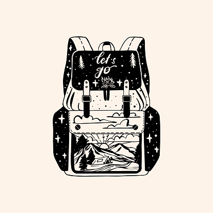 Doodle backpack with landscape and quote - let`s go. Vector illustration.