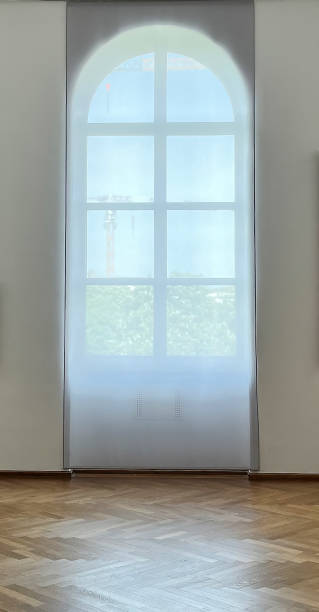Curtained arched window and abstract city with sunlight. For product display installation or key visual layout design