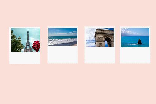 Postcards with different travel destinations on light background. Travel concept.