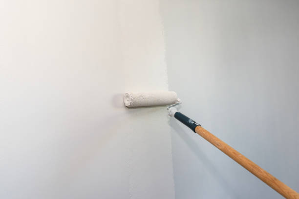 istock Painter paints a room in beige color using a paint roller on an extended stick at home. 2149248939