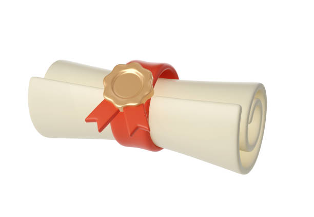 3d illustration of Degree Diploma or graduation scroll with red ribbon Icon. Render Education paper element for decoration poster, banner.