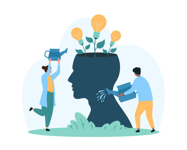 Creative business idea growth, positive mindset, skills development by tiny people Creative business idea growth, mentorship and change to positive mindset, skills development strategy. Tiny people watering light bulb plants growing from human head cartoon vector illustration attitude stock illustrations