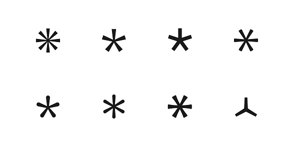 Asterisk icon set. Multiply, apostrophe or punctuation vector symbol. Password input security mark isolated. Advertisement footnote logo. Code cross web star.