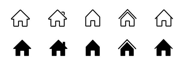 Web home icon set for websites and apps. Simple house symbol. Flat real estate sign. Main page pictogram in filled, thin line, outline and stroke style. Isolated illustration.