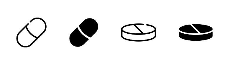Pill icon set. Medicament and pharmaceutical vector symbol. Medical drug capsule and tablet signs. Antibiotic or painkiller line and filled illustrations isolated.