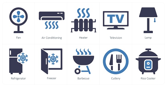 These are beautiful handcrafted pixel perfect black and blue filled home appliances icons