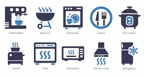 These are beautiful handcrafted pixel perfect black and blue filled home appliances icons