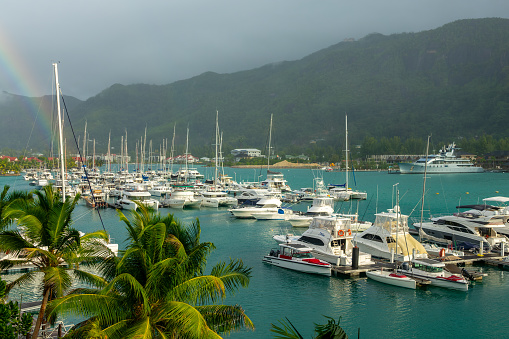 View of luxury yachts and sailing boats in Eden island marina in Victoria, Mahé island, Seychelles