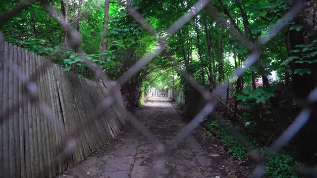A fence made of metal mesh on the background of nature in a blur stock video