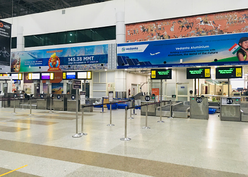 Booking counters Arrival hall of Biju Patnaik International Airport in Bhubaneswar, Odisha on 13th April 2024 - Stock Images as JPG File