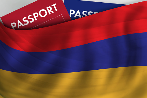 Armenian flag background and passport of Armenia. Citizenship, official legal immigration, visa, business and travel concept.