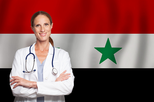 Syrian general practitioner doctor gp on the flag of Syria