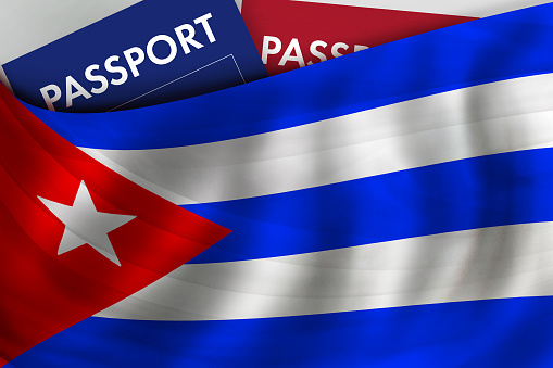 Cuban flag background and passport of Cuba. Citizenship, official legal immigration, visa, business and travel concept.