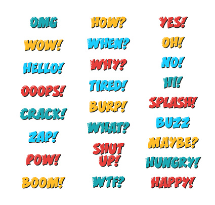 Comix Exclamations and Sounds Burp, Splash, Zap, Pow, Boom, Crack, Oops, Omg, Wow, Shut Up, Yes, No, Maybe. Comic Question Words Set When, How, What, WTF, Why.