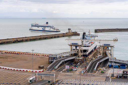Dover, Kent, England, UK - March 19, 2023: View of a ferry leaving the Port of Dover