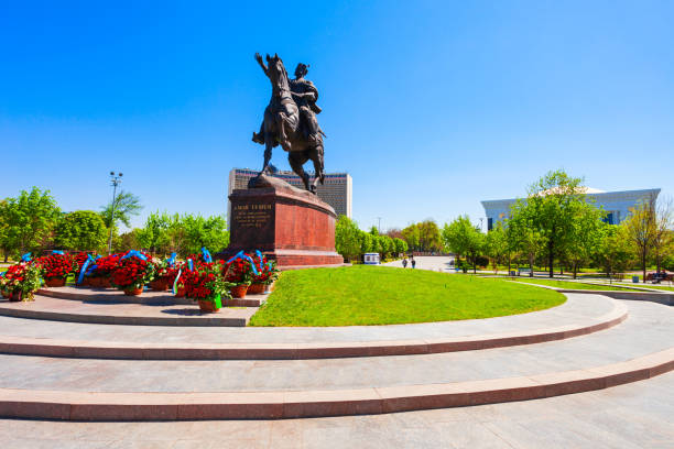 Tashkent, Uzbekistan - April 11, 2021: Amir Timur monument and square in the centre of Tashkent city in Uzbekistan