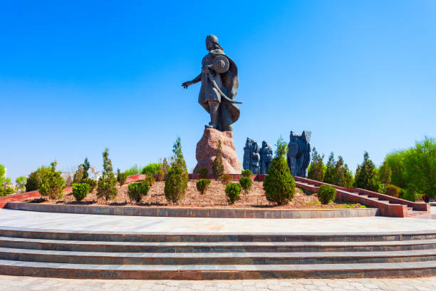 Urgench, Uzbekistan - April 13, 2021: Jalal al-Din Mingburnu Khwarazmshah or Jaloliddin Manguberdi monument and park in Urgench city, Uzbekistan