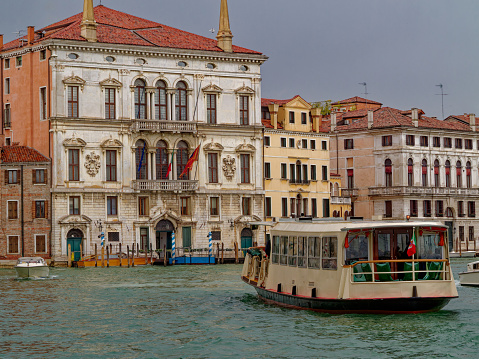 Majestic venetian Waterfront Facades and passenger ship in foreground