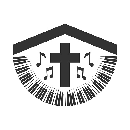 Church House Roof with Jesus Christian Cross with Note and Piano for Religion Song Illustration