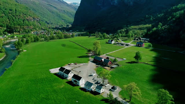Nature mountain resort town Swiss mountains 4K aerial relaxation nature vacation tourism scenary