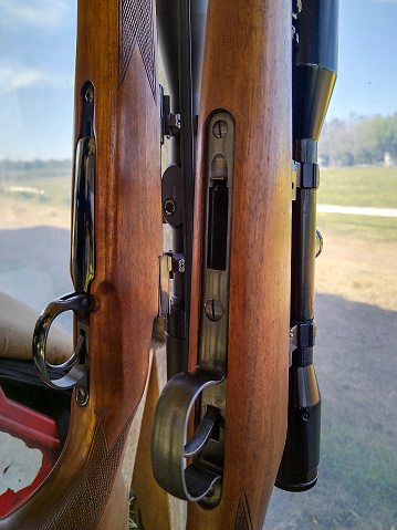 Two shotguns in vertical position at shooting club, canelones, uruguay