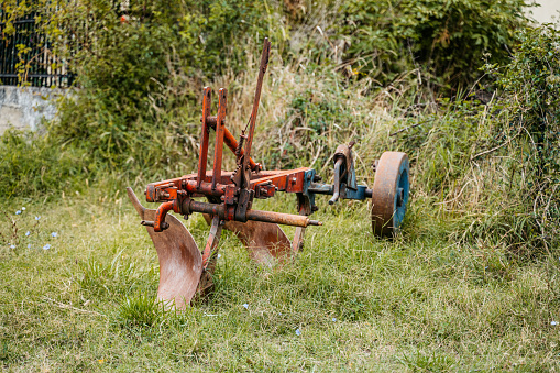 Old animal plow machine in a field.