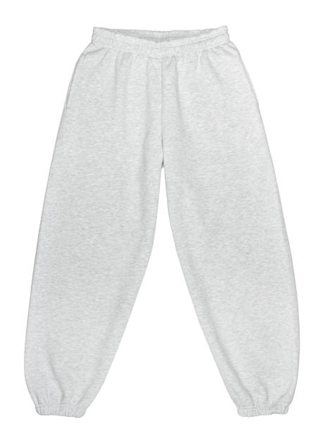 Grey cotton sporty trousers mockup isolated on white background, top view, front view.