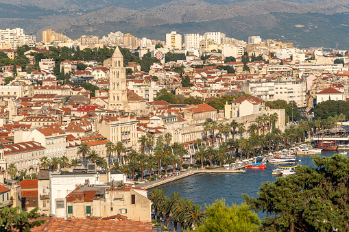 Split, Croatia, 14 August 2023. View of the picturesque city of Split in Croatia with historic buildings and waterfront promenade