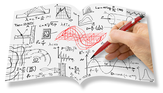Engineer writing formulas about noise reduction in buildings activity and construction industry - Noise pollution concept with formulas, diagrams, and schemes.