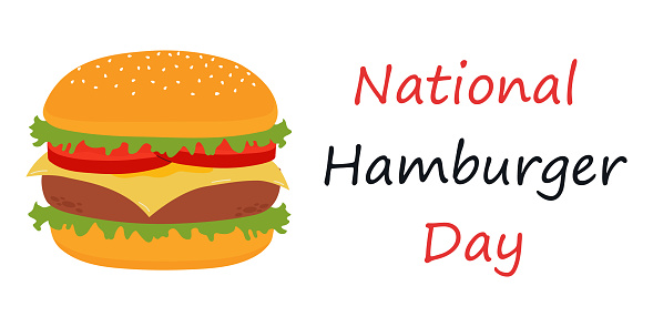 National Hamburger Day holiday banner, flat design. Hamburger on a white background, good for national hamburger day celebration