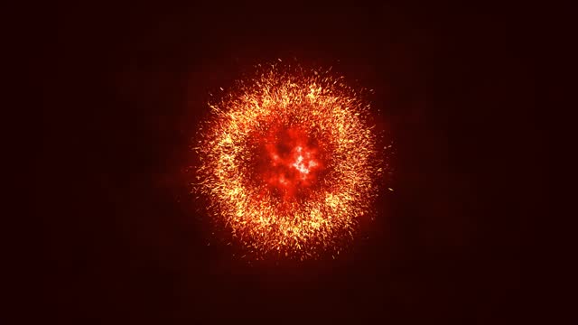 Fire explosion motion isolated on black background. Explosion of particles from the center to the periphery. Fast motion of an explosion of gold particles on a dark background. 4k animation.