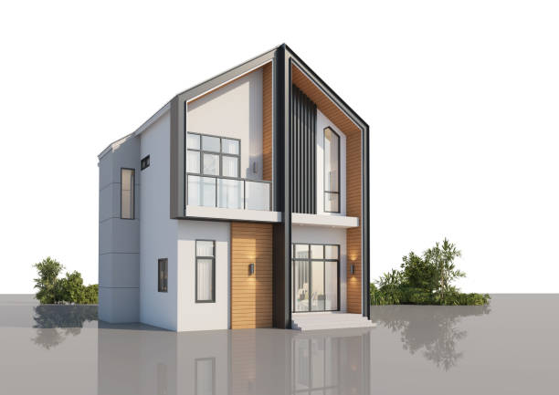 istock Architecture 3d rendering illustration of modern minimal house on white background 2149266368
