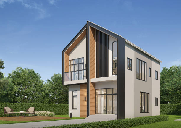 istock Modern house exterior day light with lawn grass.3d rendering 2149266372