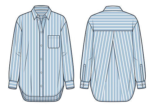 Unisex Shirt technical fashion Illustration, striped pattern. Classic Shirt fashion flat technical drawing template, button, oversize, pocket, front and back view, white, blue, women, men, unisex CAD mockup.