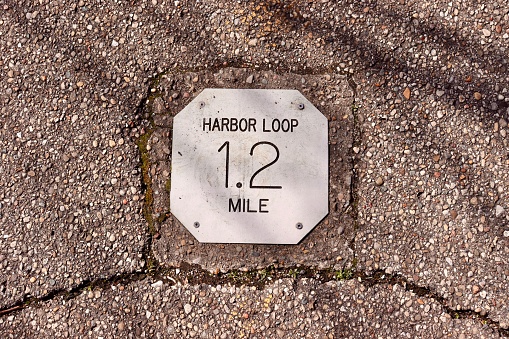 A close view of a silver metal mile marker plate on the path.