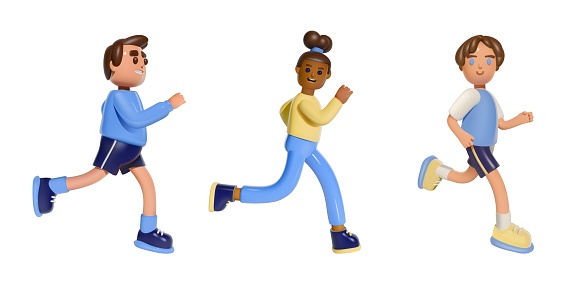 Three cartoon persons running. 3D vector illustration of diverse people jogging. Healthy lifestyle and fitness concept. Full-body character design.