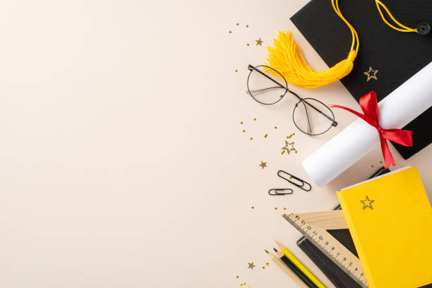 istock Rejoice in academic triumphs with top view flat lay vertical image of graduation cap, diploma, learning essentials, and vibrant confetti on pastel background, offering space for your personalized ads 2149267246