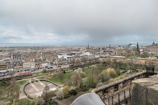 View of Edinburgh Skyline with rain clouds over the Firth of Forth in the distance from Edinburgh Castle, Edinburgh, Scotland