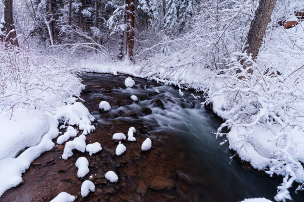 Snowy Mountain Creek Scenic - Fresh snow covering rocks along creek in wilderness area. Winter wonderland landscape scenic view.