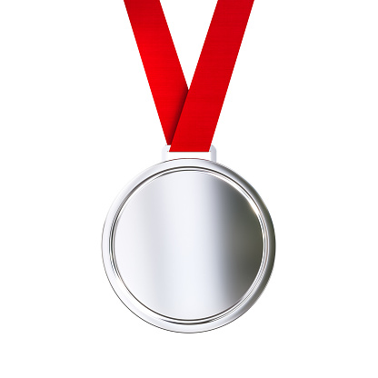 Blank silver medal with red ribbon isolated on white