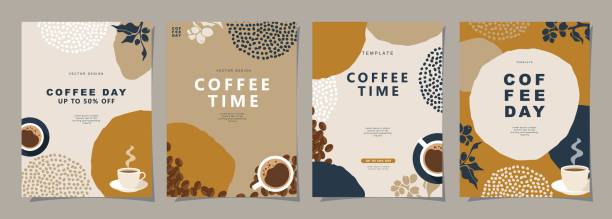 stockillustraties, clipart, cartoons en iconen met set of minimal background templates with coffee beans and coffee mug for invitations, cards, banner, brochure, poster, cover, cafe menu or another design. vector illustration. - coffee