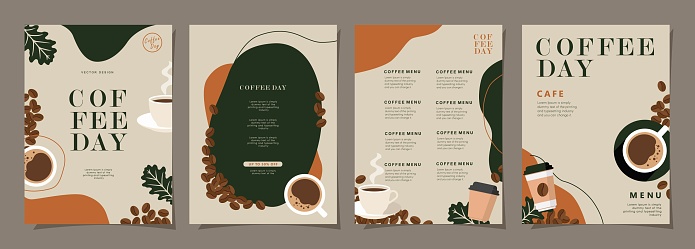 Set of minimal background templates with coffee beans and coffee mug for invitations, cards, banner, brochure, poster, cover, cafe menu or another design. Vector illustration.